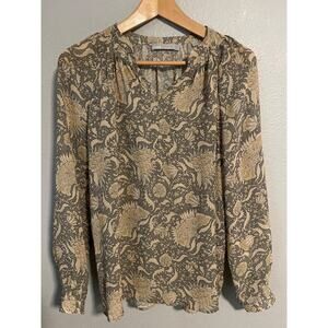 Vince Blouse Womens Small Beige Silk Floral Print Long Sleeve Artsy Boho Peasant
